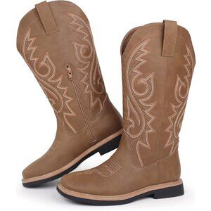 Women's Brown Embroidered Square Toe Side Zipper Western Mid Calf Dress Boots